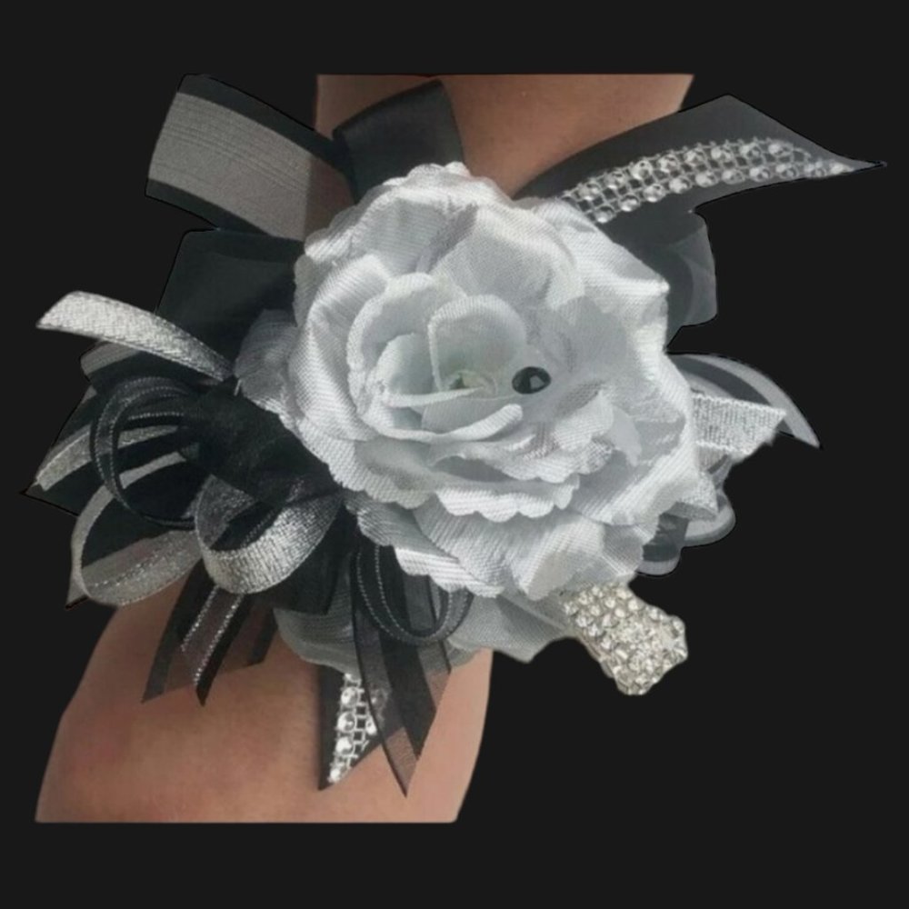 Black & Silver corsage on rhinestone wristlet and boutonniere SET